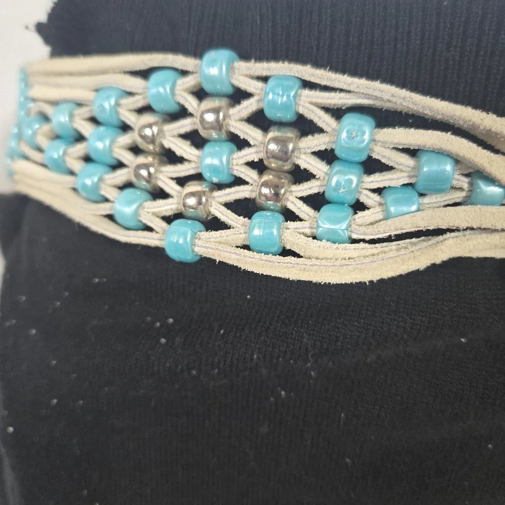Southwestern Suede Tie Belt Turquoise Color Bead Silver Tone Concho Fringe Boho